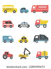 Toys isolated on white background. Different toy cars: firefighters car, truck, police car, taxi, bus, excavator, concrete mixer truck, tractor. Toys for the baby boy. Vector illustration