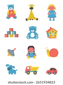 Toys isolated on White Background. Cars, Teddy Bears, Dolls, Snail, House, Dog, Giraffe, Cubes, other items.. Toys for Little Children. Vector illustration
