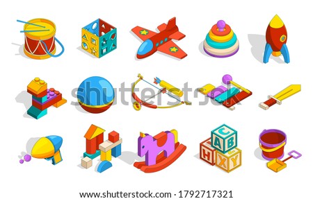 Toys isometric. Colored kindergarten objects for kids plastic preschool toys sets box blocks drum cars vector cute collection