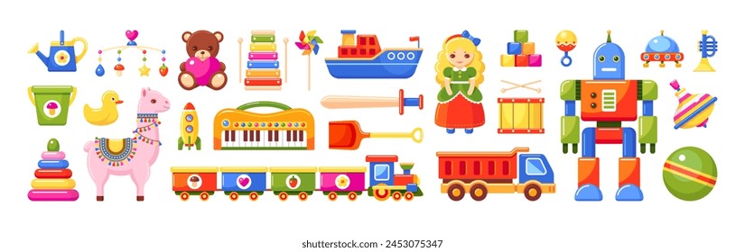 Toys for kids and babies. Child play objects set with car, ball, plush bear, doll and train. Cute robot, duck, ship, bucket, drum and rocket isolated on white background, vector cartoon illustration