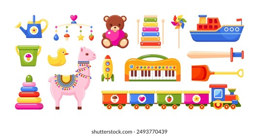 Toys for kids and babies. Child play objects set with plush bear, train, duck, ship, bucket, rocket, crib mobile, shovel and xylophone isolated on white background, vector cartoon illustration