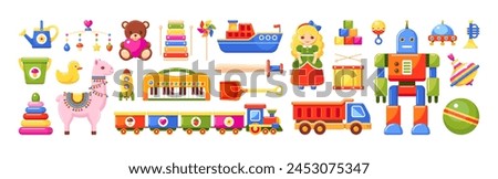 Toys for kids and babies. Child play objects set with car, ball, plush bear, doll and train. Cute robot, duck, ship, bucket, drum and rocket isolated on white background, vector cartoon illustration