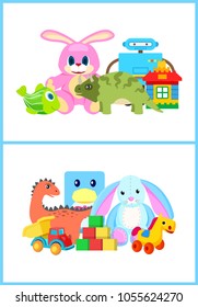 Toys for kids collection, toys for children with rabbit and robot, car and house, dinosaurs of different types, vector illustration isolated on white