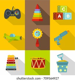 Toys for kids icon set. Flat style set of 9 toys for kids vector icons for web design