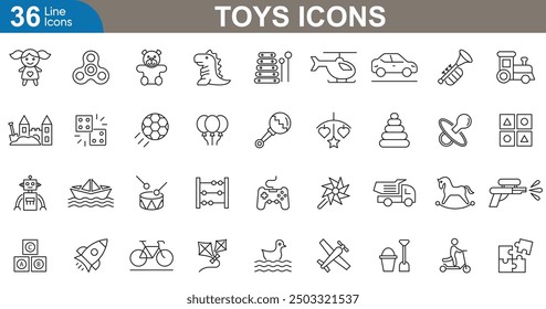 Toys kids line icons set. Car, teddy bear, doll, train, robot, airplane, boat, toy drum, truck, house, rocket and more. vector illustration.