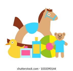 Toys for kids play as rocking horse, stuffed teddy bear, yellow duck, baby care oil bottles and colorful ball vector illustration set isolated on white