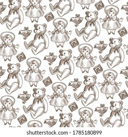Toys for kids seamless pattern, doll in dress and clockwork chicken. Fluffy plush bear, children entertainment and amusement. Leisure for child, monochrome sketch outline, vector in flat style