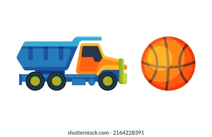 Toys for kids set. Truck and basketball ball cartoon vector illustration