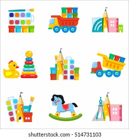 Toys kids. Set of vector icons. The development and education of children.