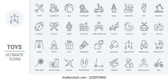 Toys for kids thin line icons set vector illustration. Outline baby stroller and rattle gift, mobile app and desktop computer games, sand castle and ball to play on playground, kite and swing