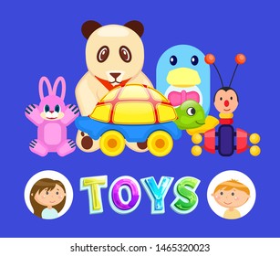 Toys for kids vector, girl and boy and set of objects. Fluffy panda and pink rabbit, turtle with wheels and butterfly with antennae, games and playground. Flat cartoon