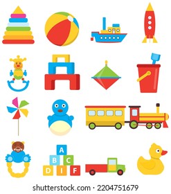 Toys, a large set of children's toys on a yellow background with a white stroke. Vector, cartoon illustration. Vector.