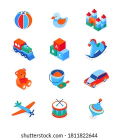 Toys and leisure games for children - modern isometric icons set. Activities for kids concept. Colorful objects, ball, abc block, castle, teddy bear, bucket and shovel, spinning top, rocking horse