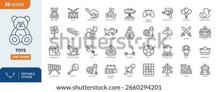 Toys line editable icon set. Contain icons related to children toys, teddy bear, doll, drum, ball, robot, and more. Editable stroke. Vector illustration