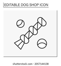  Toys line icon. Nice toys for play with dogs. Bones, balls, tugs, training aids and squeaky toys. Shop concept. Isolated vector illustration. Editable stroke