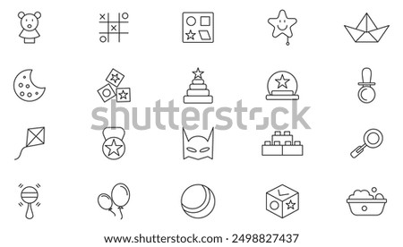 Toys line icon set. Containing Toys, Pacifier Gun, human, Spinning Tops, Game Controller, Bell, Puzzle, Rattle,Toy car, Baloon, cake Outline icon collection. UI thin line icon pack.