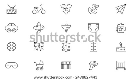 Toys line icon set. Containing Toys, Pacifier Gun, human, Spinning Tops, Game Controller, Bell, Puzzle, Rattle,Toy car, Baloon, cake Outline icon collection. UI thin line icon pack.