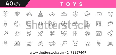 Toys line icon set. Containing Toys, Pacifier Gun, human, Spinning Tops, Game Controller, Bell, Puzzle, Rattle,Toy car, Baloon, cake Outline icon collection. UI thin line icon pack.