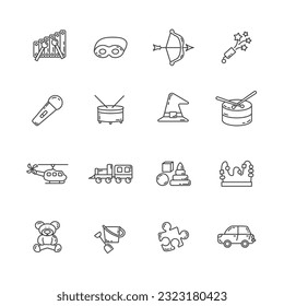 Toys line icon set with teddy bear, toy train