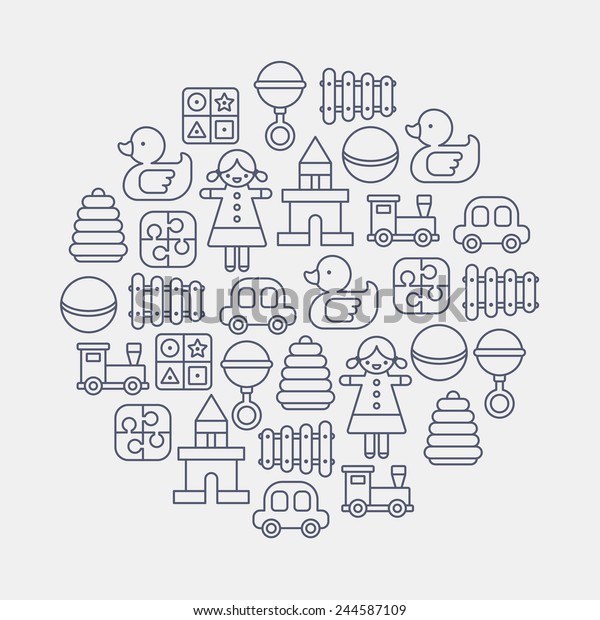 toys line icons arranged in circle shape on\
white background