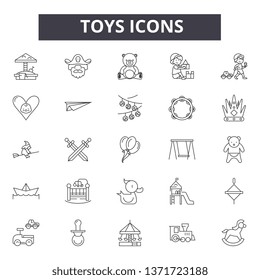 Toys line icons, signs set, vector. Toys outline concept, illustration: car,bear,ball,toy,game,child,play,teddy,collection