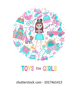 Toys for little princesses. Big set of vector images collected in the form of a circle. Childrens toy.