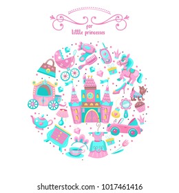 Toys for little princesses. Big set of vector images collected in the form of a circle. Childrens toy.