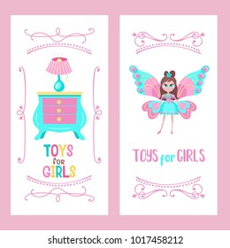 Toys for little princesses. Set of vector cliparts. Beautiful girl in beautiful dress with butterfly wings.  Toy chest of drawers and lamp. Childrens furniture.