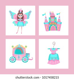 Toys for little princesses. Set of vector cliparts. Beautiful girl in beautiful dress with butterfly wings.  Princess dress on a hanger. Carriage and Princess castle.