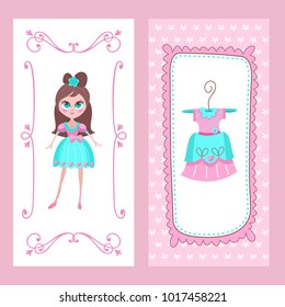 Toys for little princesses. Set of vector cliparts. Beautiful girl in elegant dress. Princess dress on a hanger.