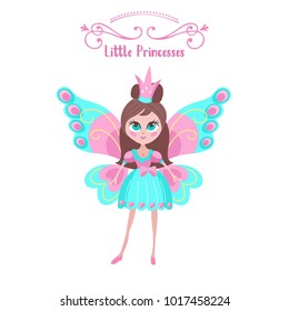 Toys for little princesses. Set of vector cliparts. Beautiful girl in beautiful dress with butterfly wings.