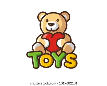 Logo de Toys. Plantilla vectorial de un oso. Tienda de niños. Carácter positivo. Fondo blanco.