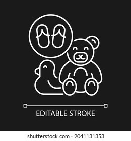 Toys made from flip flops white linear icon for dark theme. Sustainable handmade toys. Thin line customizable illustration. Isolated vector contour symbol for night mode. Editable stroke