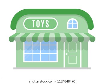 Toys market  icon.  Symbol, shop, store. Sign in green color . The facade of the building is in a flat style. A stylish geometric image. Vector illustration isolated on white background.