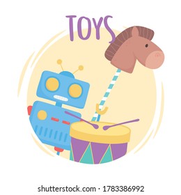 toys object for small kids to play cartoon robot drum horse in stick vector illustration