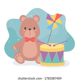 toys object for small kids to play cartoon teddy bear drum and pinwheel vector illustration
