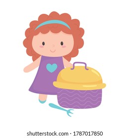 toys object for small kids to play cartoon doll and lunch box vector illustration