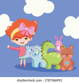 toys object for small kids to play cartoon, cute girl with animals bear elephant dinosaur and rabbit vector illustration