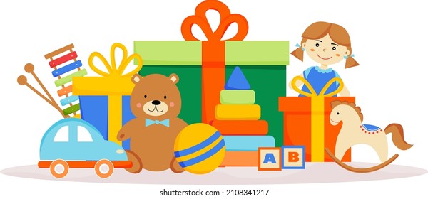 Toys on the background of gift boxes. Bithday gifts.Colorful boxes with presents. Teddy bear, doll, car, ball, horse, pyramid, cubes, ksilofon. Poster, banner, card for store, shop. 