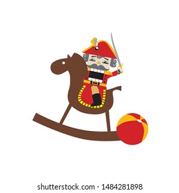 Toys on Christmas theme. Nutcracker on horse. Illustration in vector. Happy New year greeting card or flyer concept illustration. Christmas character.