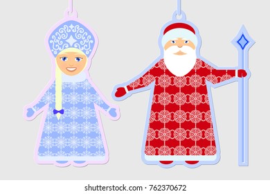 toys on ribbons Santa Claus and Snow Maiden on light gray background, vector illustration