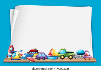 Toys on a shelf with paper