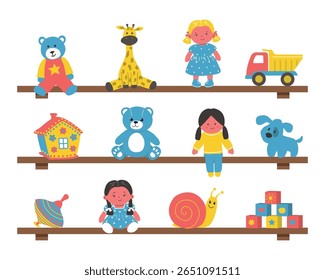 Toys on Shelves. Car, Teddy Bears, Dolls, Snail, House, Dog, Giraffe, Cubes, other items. Toys for Little Children. Vector Illustration on White