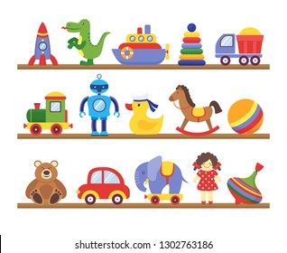 Toys on shelves. Cartoon toy on baby shopping wooden shelf. Dinosaur robot car doll isolated vector set
