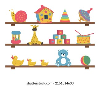 Toys on the shelves. There are cubes, teddy bear, ball, giraffe,  house, spinning top and other items in the picture. Toys for little children. Vector illustration