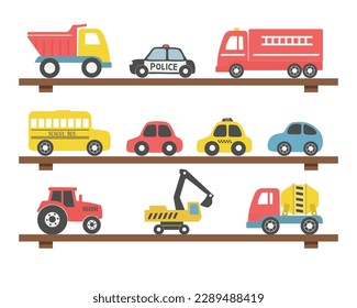 Toys on the shelves. There are different toy cars: firefighters car, truck, police car, taxi, bus, excavator, concrete mixer truck, tractor. Toys for the baby boy. Vector illustration