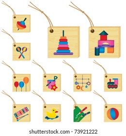 Toys on wooden plates with a string