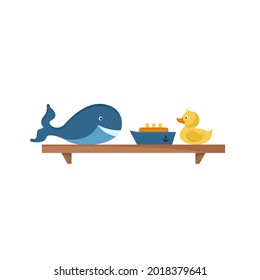 Toys on wooden shelf. Ship, whale, yellow rubber duck isolated on white. Flat cartoon style vector illustration