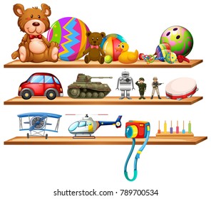 Toys on wooden shelves illustration