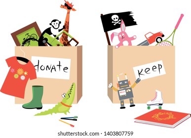 Toys and other children items are sorted into donation and keep boxes during decluttering process, EPS 8 vector illustration	
